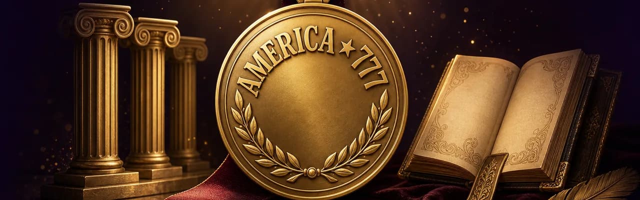 A premium gold heritage medal engraved with AMERICA 777 hanging from a burgundy ribbon, beside ionic columns, a vintage leather book and a brass quill pen