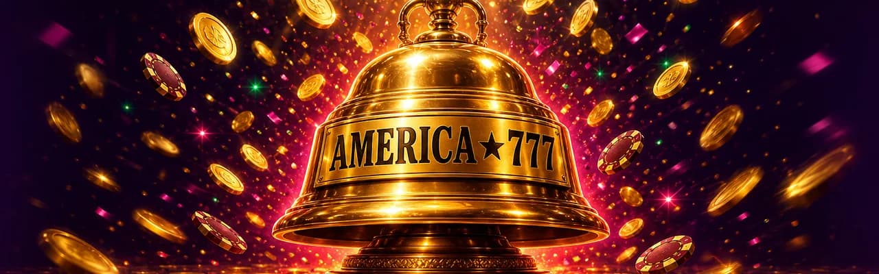A polished gold jackpot bell engraved with the AMERICA 777 brand at the centre of an explosive shower of falling gold coins, magenta confetti and chip stacks