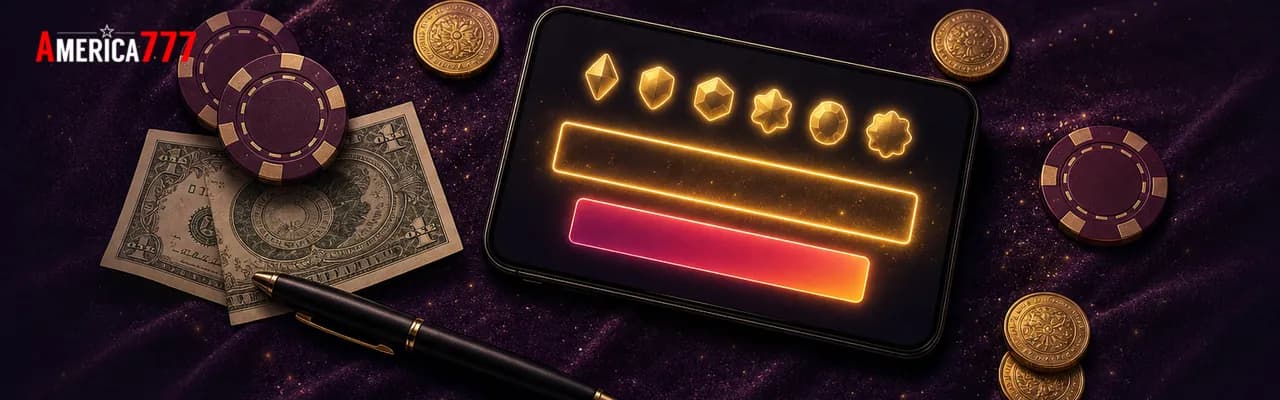 Top-down flat-lay of a smartphone displaying a glowing America777 cashier promo-code field, surrounded by burgundy poker chips, gold coins, dollar bills and a black metal pen on dark velvet