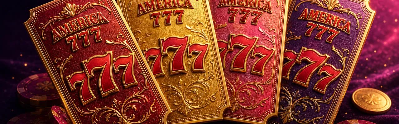 Four ornate gold-bordered America777 bonus tickets fanned out on dark velvet — each embossed with the brand wordmark and a bright red 777 — symbolising the four-leg welcome stack