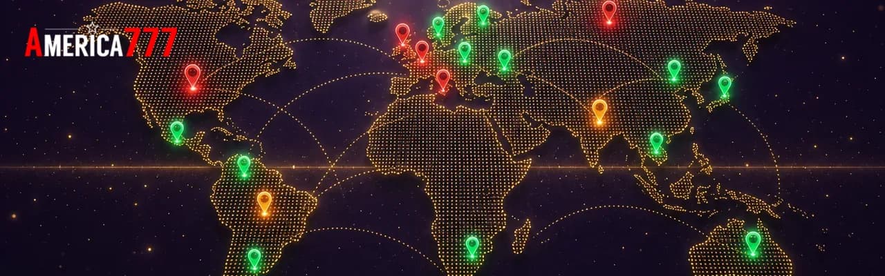 A gold-dotted world map with green, amber and red status pins marking allowed, info-only and restricted jurisdictions, connected by faint dotted route arcs