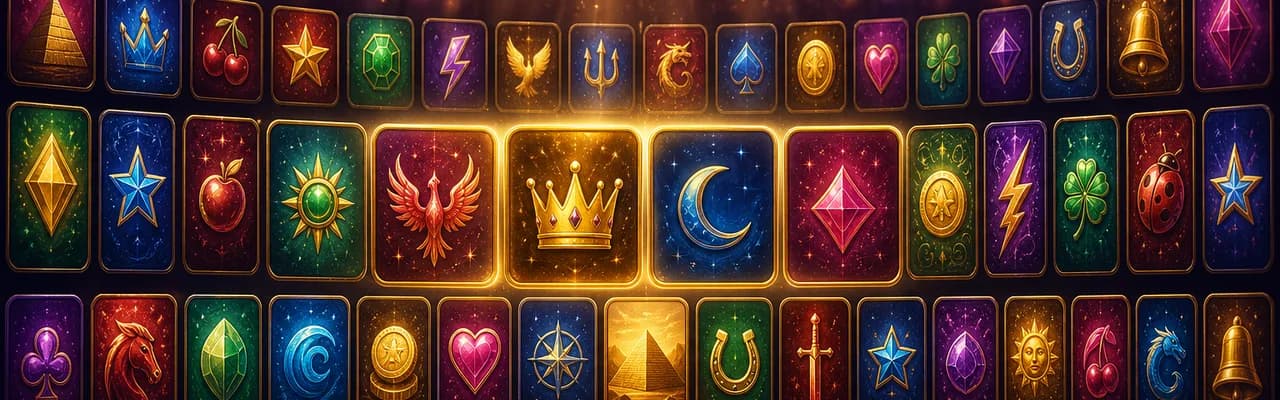 A premium video-wall showing many colorful slot game tiles in three rows with the centre tiles haloed in gold light