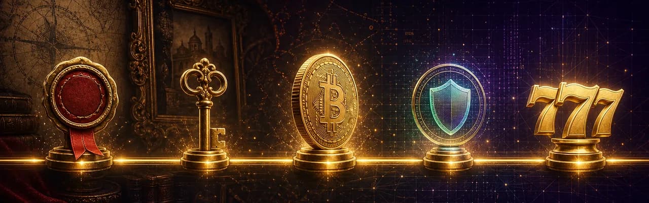 A glowing horizontal timeline of milestone markers — vintage incorporation seal, brass key, gold Bitcoin coin, KYC shield and a modern 777 trophy — from analog past to digital present