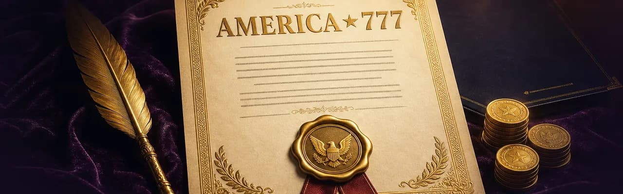 An official AMERICA 777 licence certificate on parchment with a gold wax seal, quill pen and gold coins