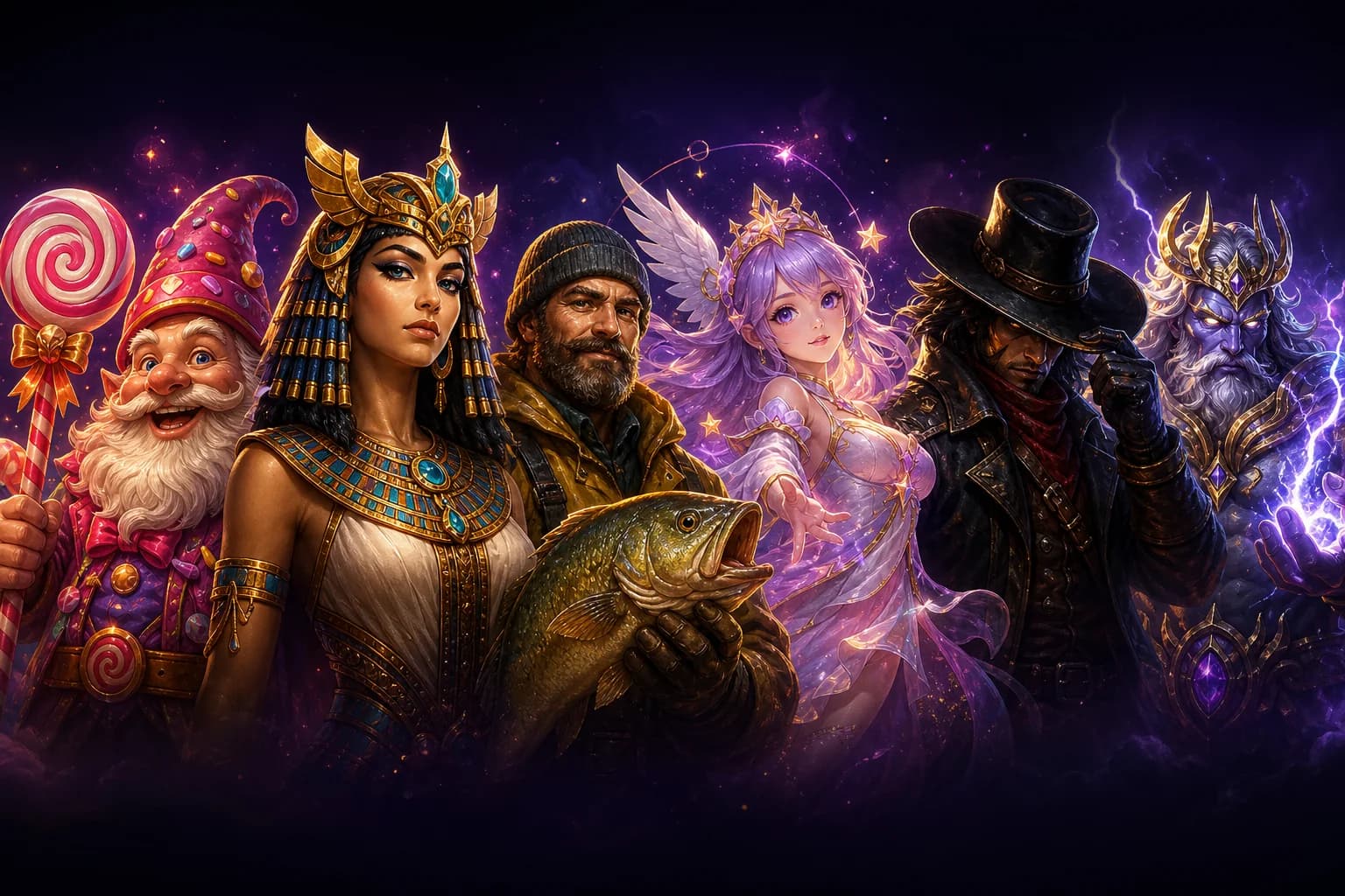 Panoramic illustration of original slot-style characters spanning popular themes—candy fantasy, ancient Egypt, fishing adventures, celestial fantasy, western action, and mythic epics—in America777’s dark gold and violet palette