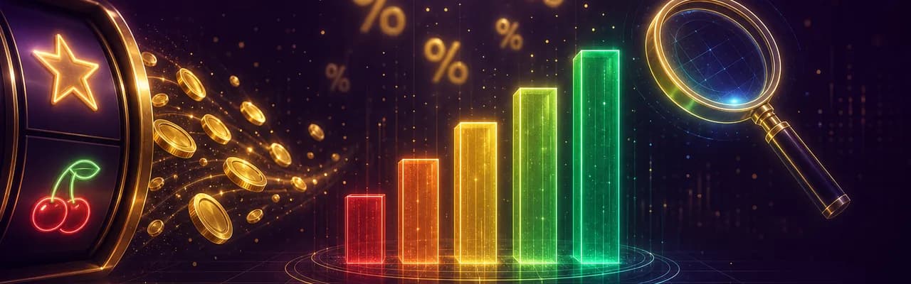 A glowing data-visualization bar chart in red-to-green next to a slot reel and gold percent symbols