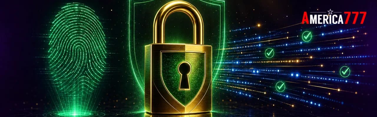 A glowing gold padlock with an emerald shield outline, holographic fingerprint and encrypted data streams