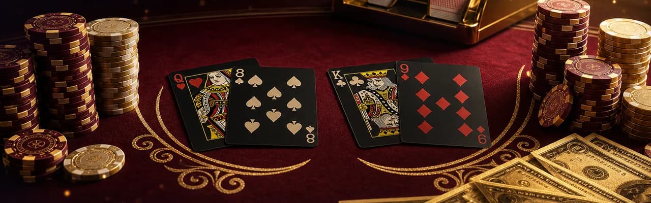 Player and Banker baccarat hands face up on burgundy felt with chip stacks and gold cash