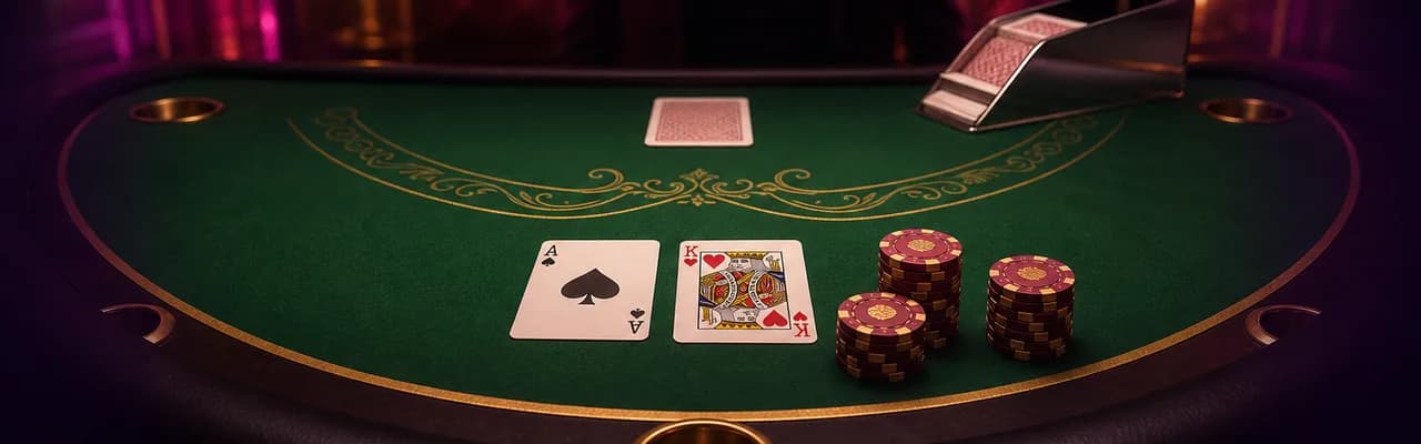 Live blackjack table with cards and chip stacks under warm studio lighting