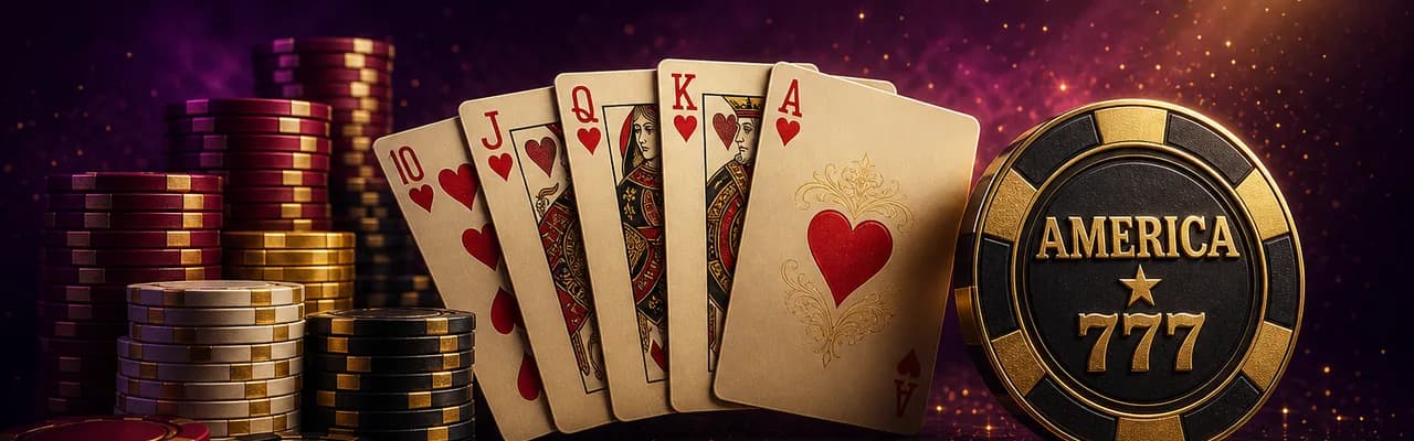 A royal flush in hearts fanned beside chip stacks and a black AMERICA 777 signature poker chip