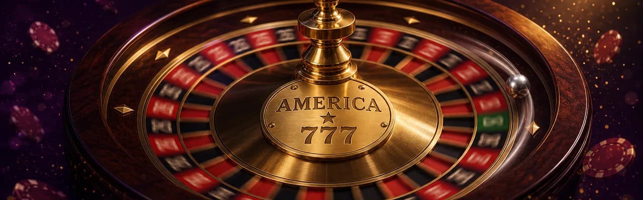 A spinning European roulette wheel with the AMERICA 777 brand engraved on the central hub plate