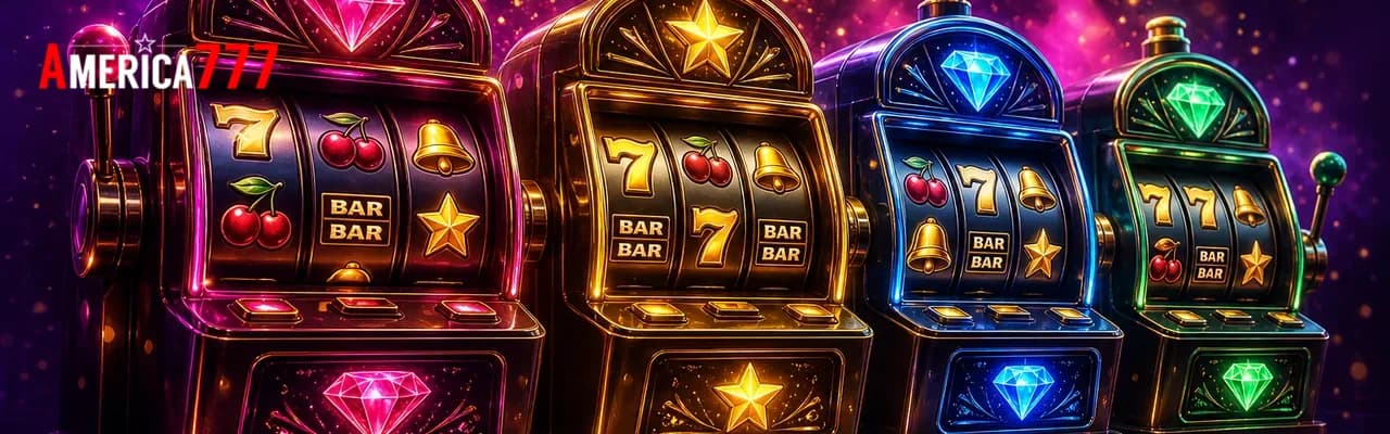 A row of premium slot machines glowing in neon gold and magenta on a dark casino floor