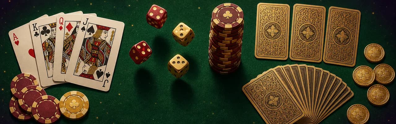 Top-down spread of cards, dice and chip stacks on emerald table felt