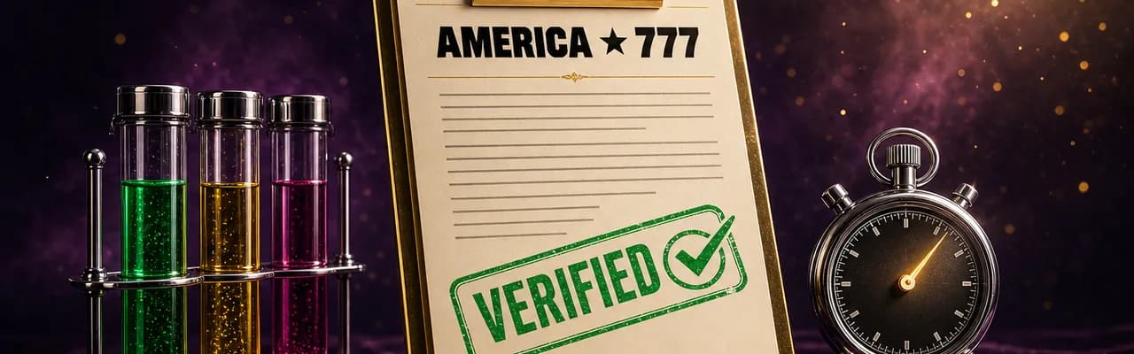 A polished gold clipboard with the AMERICA 777 review-sheet header and a green VERIFIED stamp, beside a rack of glowing test tubes, a chrome stopwatch and gold calipers