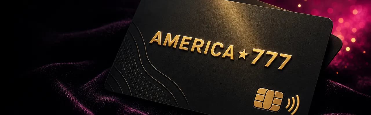 A premium matte-black America777 metal credit card with a gold-foil embossed wordmark, lying on dark velvet under warm spot-lighting with a magenta atmospheric glow