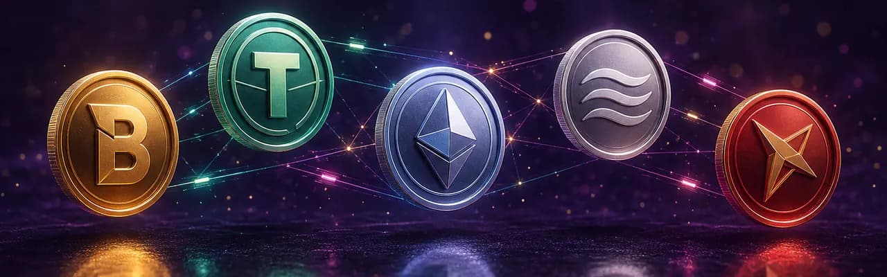 Five glossy stylised cryptocurrency tokens (gold, mint-green, blue, silver and red) floating in a row, connected by glowing fibre-optic-like network lines on a dark reflective surface