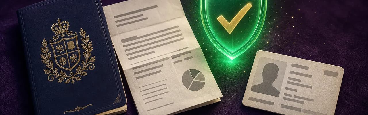 Top-down flat-lay of a generic passport, a folded utility bill and a plastic ID card on dark velvet, with a glowing emerald-green verification shield bearing a gold checkmark hovering above them