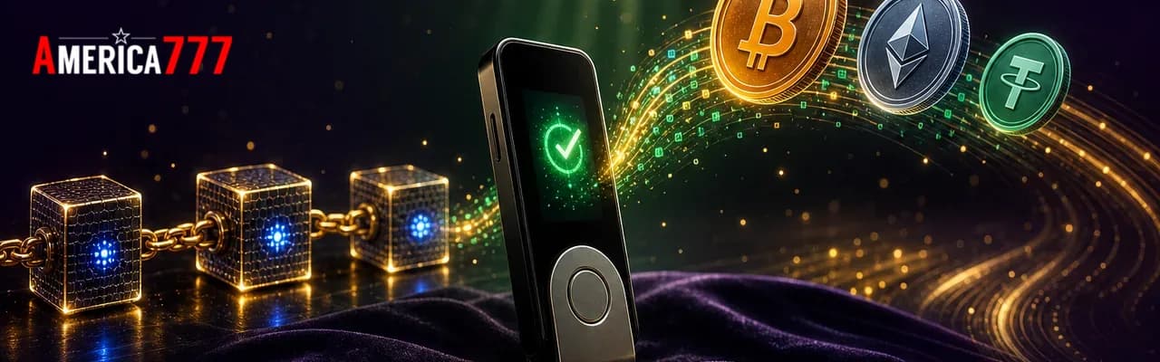 A premium hardware wallet with a green checkmark, flowing Bitcoin, Ethereum and USDT tokens and a gold blockchain ribbon