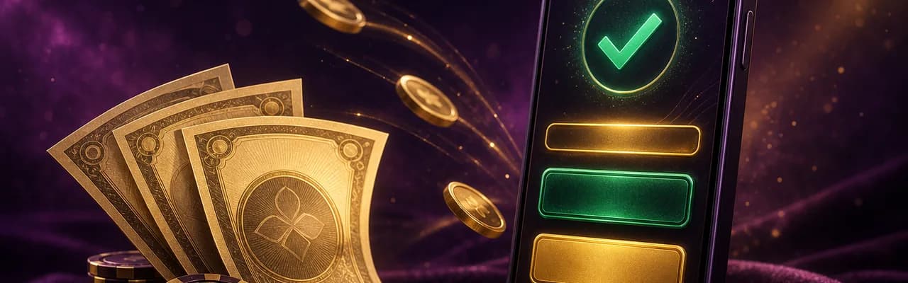 A smartphone showing a stylised cashier interface with green checkmark and approval bars, beside fanned golden cash bills and chip stacks