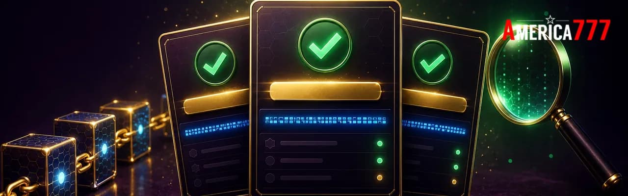 Three fanned cashier screenshot cards with green verified checkmarks and blue hash strings, beside a chain of glowing blockchain blocks and a magnifying glass