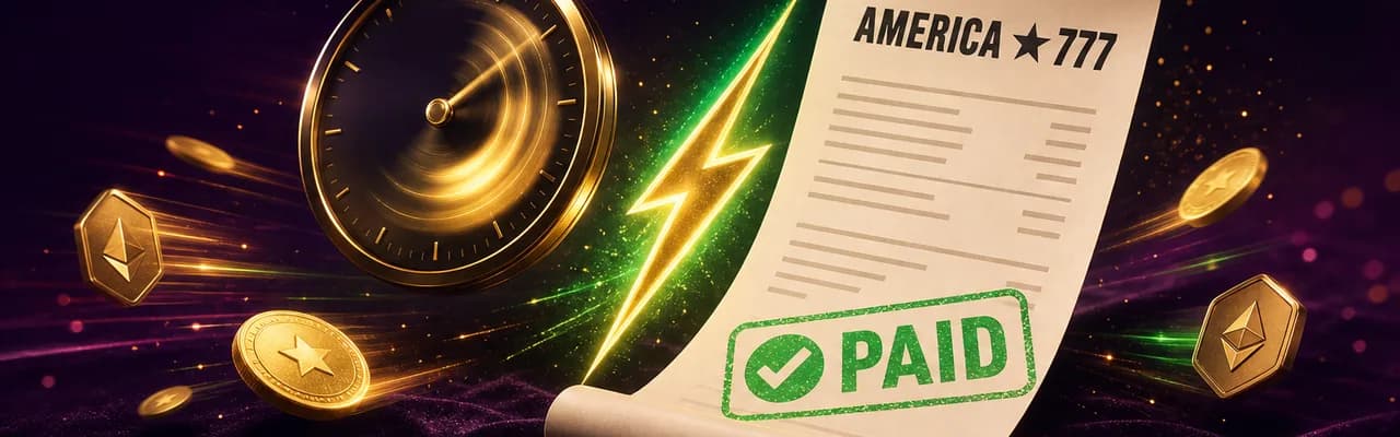 An America777 payout receipt stamped PAID with a fast-spinning gold clock, lightning bolt and crypto coins