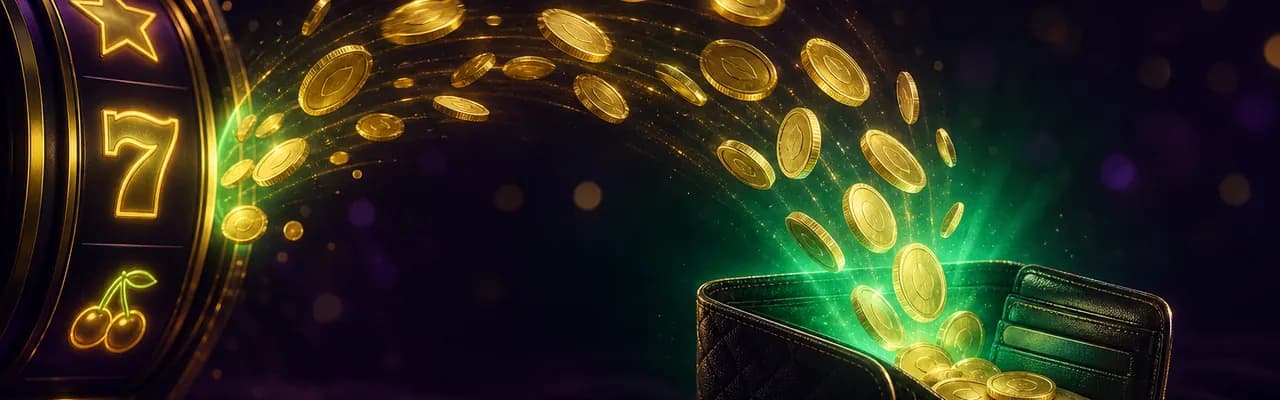 A glowing gold-coin cascade flowing from a slot reel back into an open premium leather wallet wrapped in an emerald-green halo — visualising the 30 % daily cashback rebate