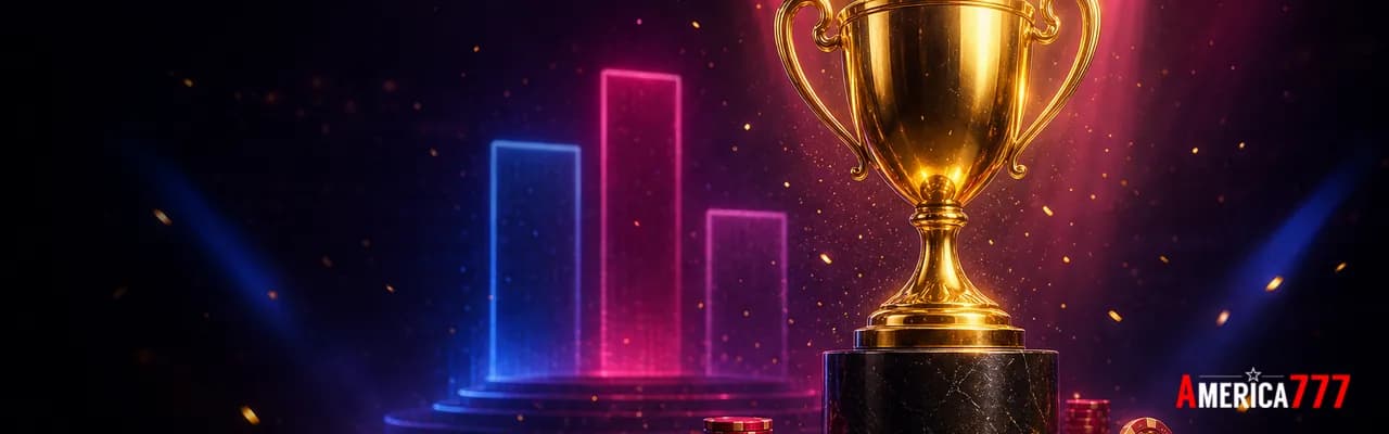 A polished golden championship trophy on a black marble pedestal under magenta and blue stage spotlights, with a faint holographic 1-2-3 leaderboard glowing behind it