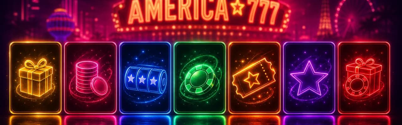 Seven neon-lit casino promo tiles glowing in different colours under a giant America777 Las Vegas-style marquee sign — one bonus per day of the week