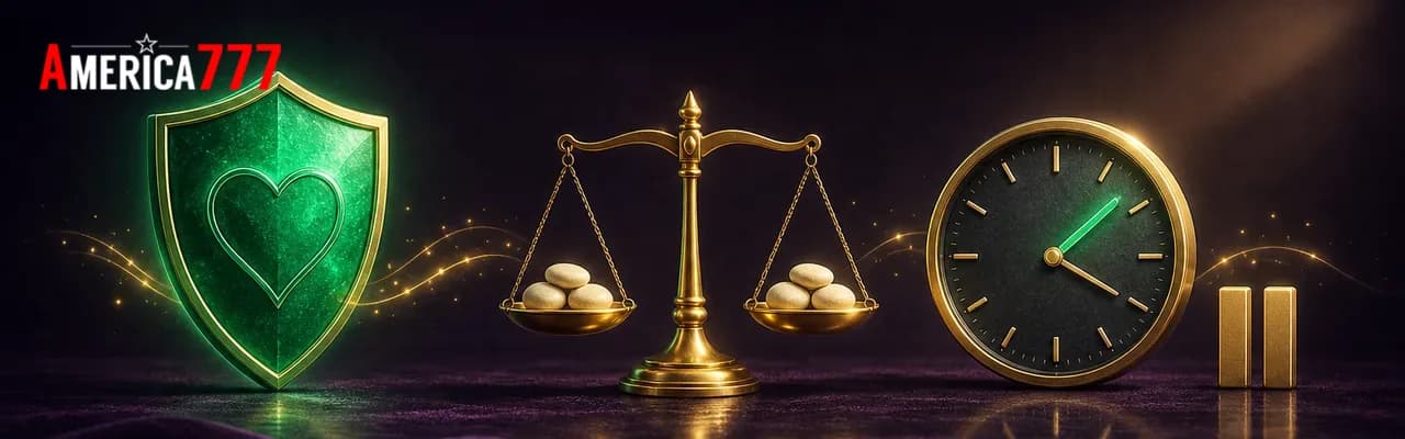 A glowing emerald shield with a heart, a perfectly balanced gold scale and a calm wall clock with a gold pause icon, on dark velvet