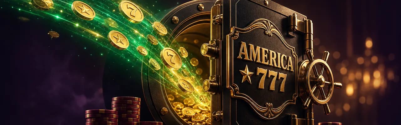 An ornate black-and-gold America777 vault with a stream of glowing gold coins flowing into it on a green light trail, representing daily cashback returning to the player
