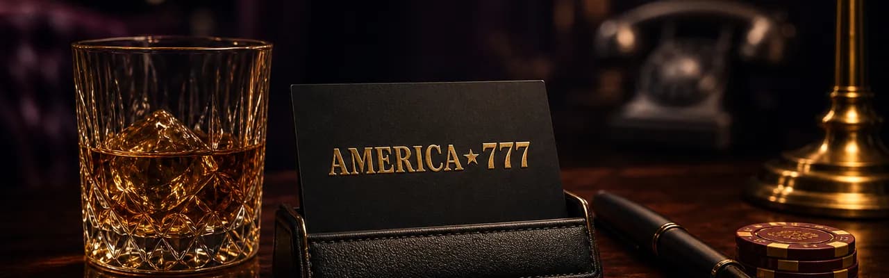 A premium VIP concierge desk in a private lounge — a black America777 business card with gold-foil embossing in a leather holder, a crystal whiskey tumbler and a fountain pen on dark mahogany