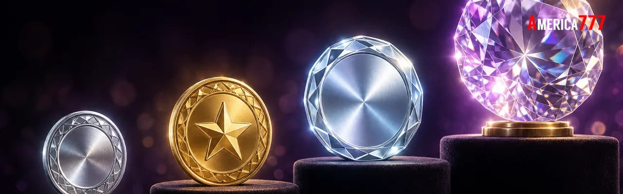 Four ascending casino-tier emblems on velvet pedestals — silver coin, gold star coin, platinum medallion and a brilliant-cut crystal — visualising the Silver, Gold, Platinum and Diamond VIP ladder
