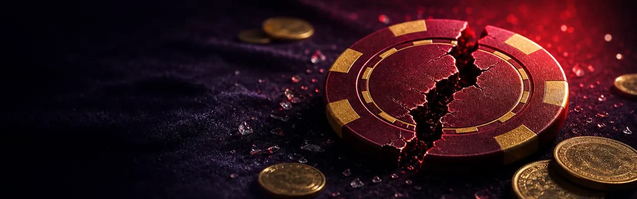 A cracked burgundy and gold poker chip lit by a red warning glow on dark velvet, surrounded by fallen coins and shards of glass