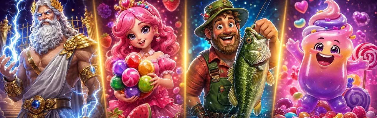 Cartoon-stylised line-up of the four slot characters whose free spins fire across the IGNITE–APEX codes — a Greek thunder god, a candy princess, a fisherman with a bass and a pastel candy creature