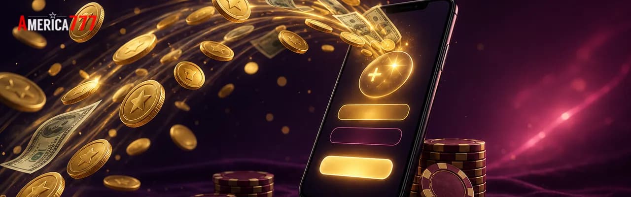A stream of golden coins and dollar bills cascading into a smartphone showing a glowing America777 cashier deposit screen