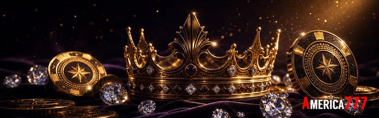 A polished gold royal crown surrounded by faceted diamonds and gold medallions on dark velvet — symbolising the America777 VIP programme