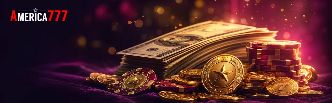 Stack of US dollar bills, gold coins and burgundy poker chips representing the America777 welcome bonus pack