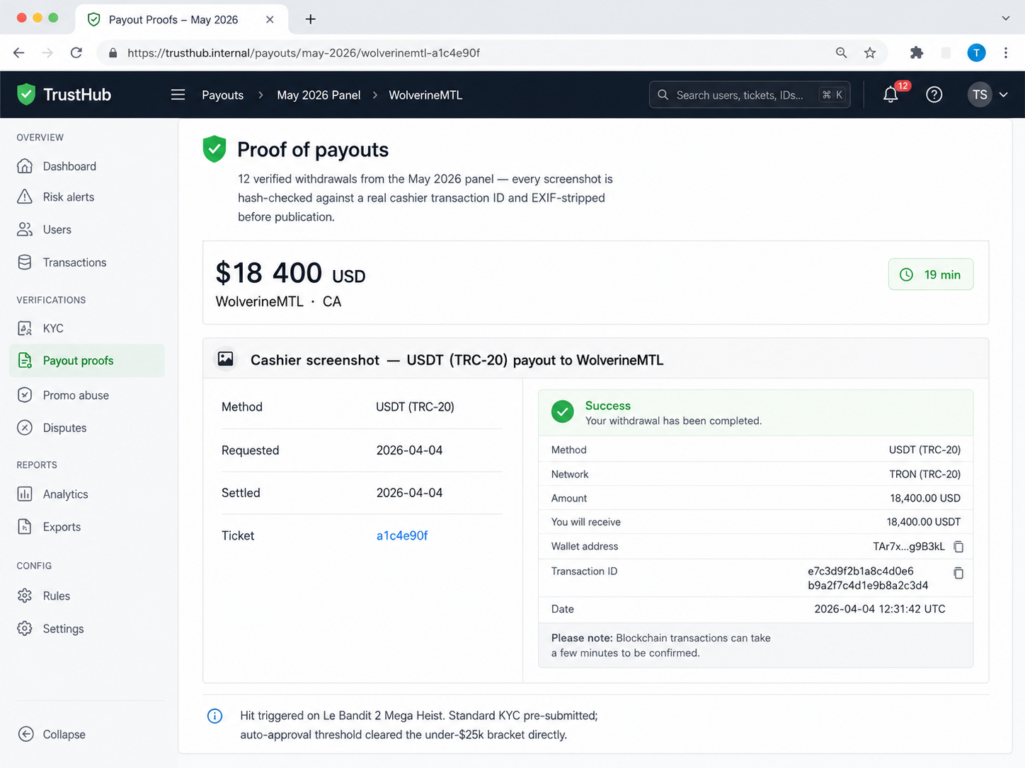 Cashier screenshot — USDT (TRC-20) payout to WolverineMTL