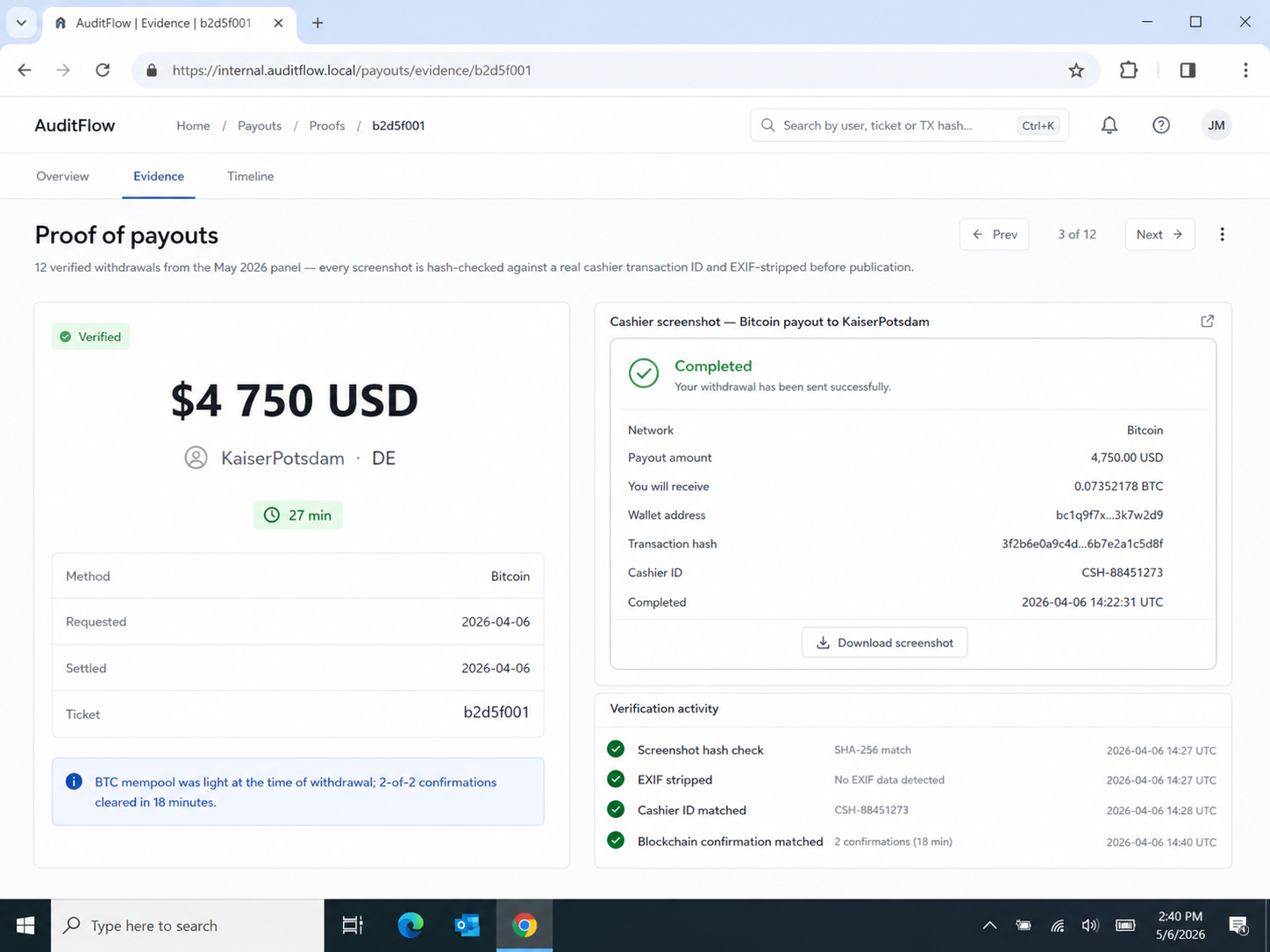 Cashier screenshot — Bitcoin payout to KaiserPotsdam