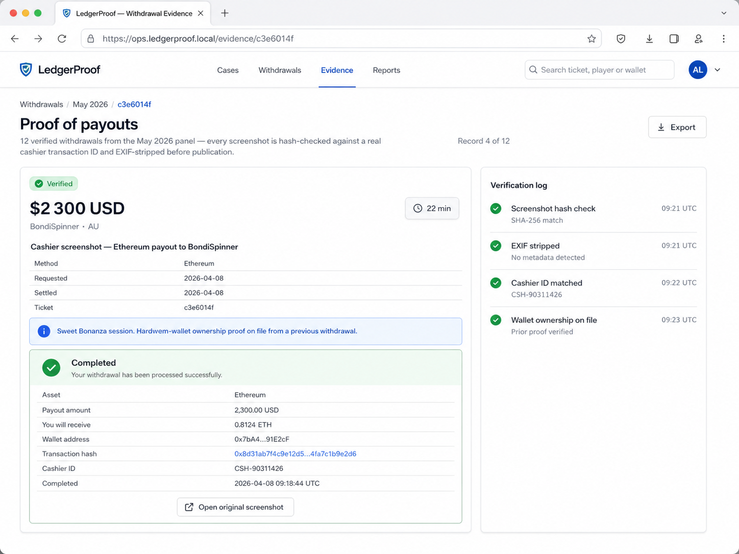 Cashier screenshot — Ethereum payout to BondiSpinner