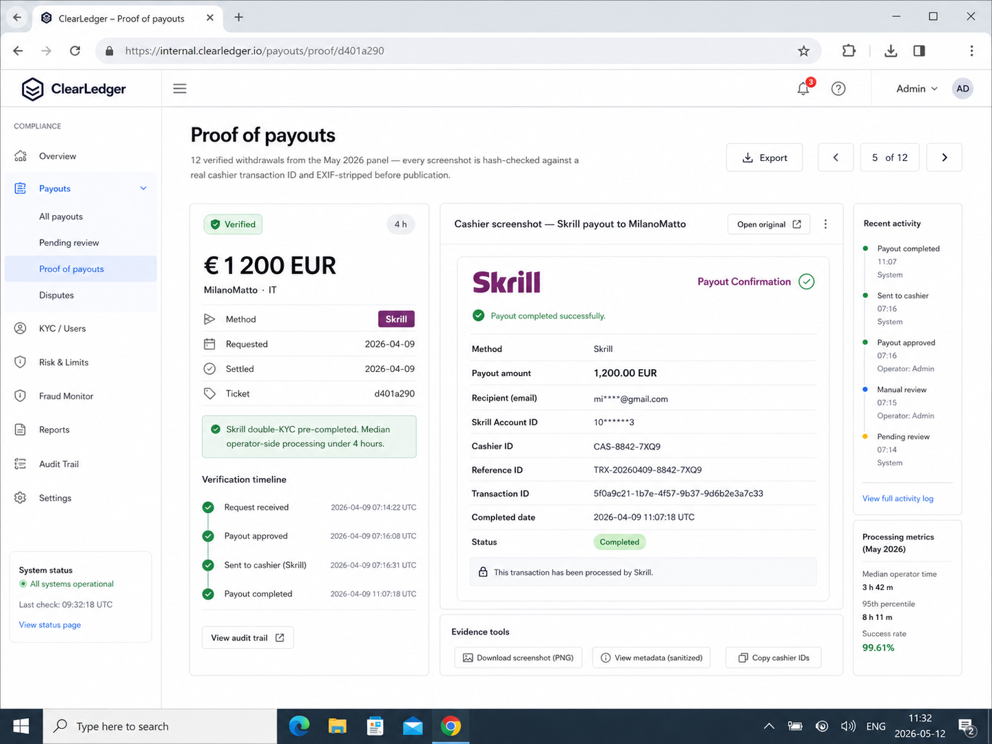 Cashier screenshot — Skrill payout to MilanoMatto