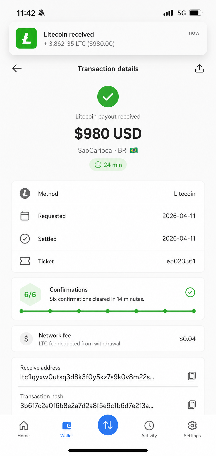 Cashier screenshot — Litecoin payout to SaoCarioca