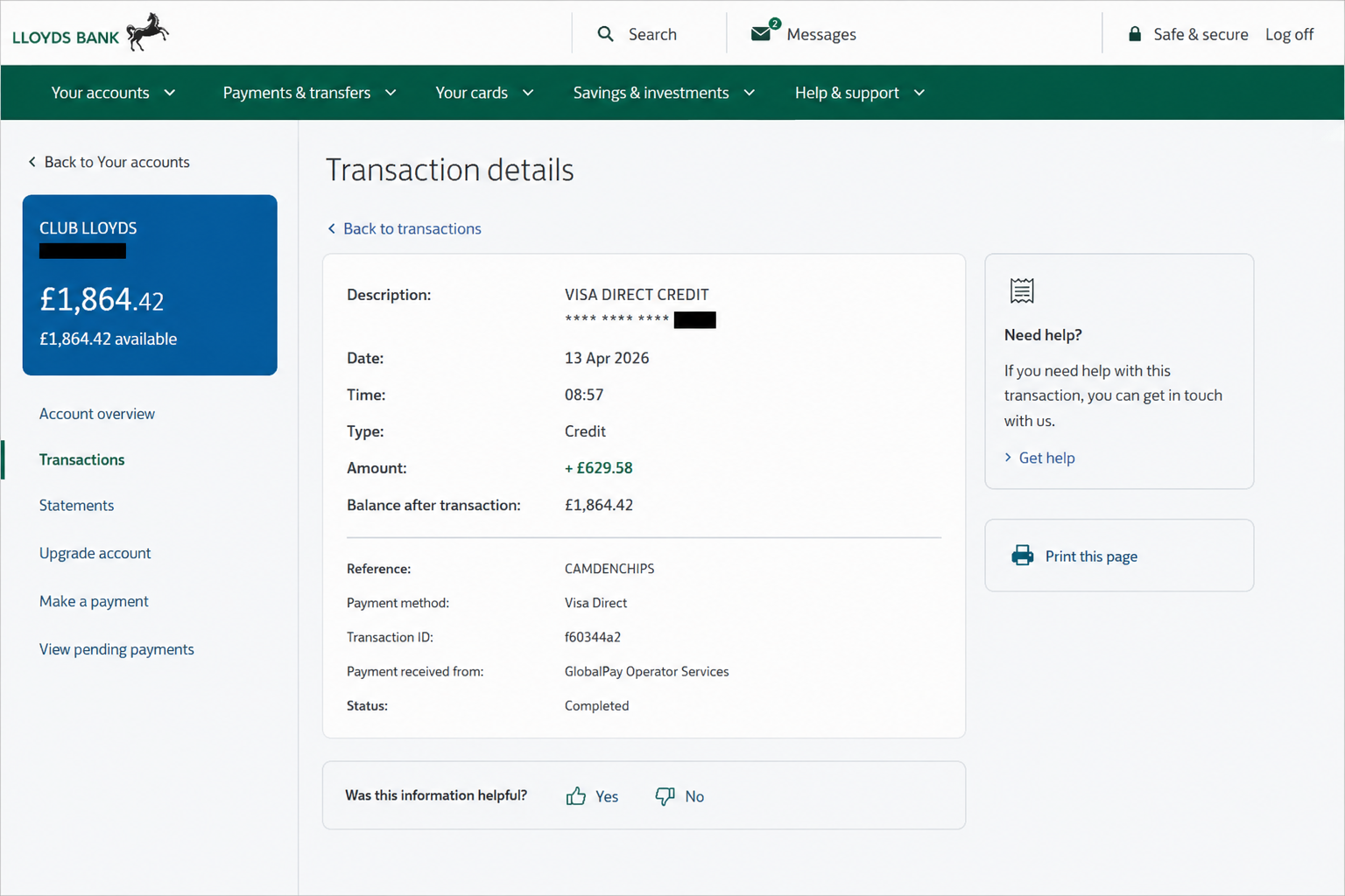 Cashier screenshot — Visa payout to CamdenChips