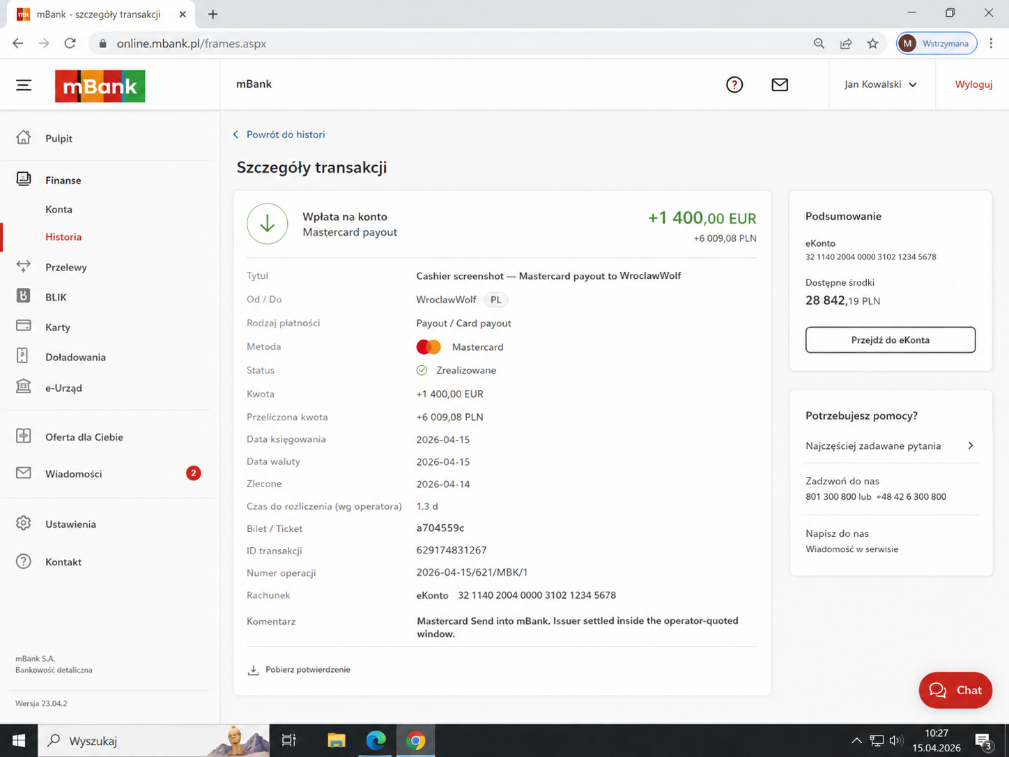 Cashier screenshot — Mastercard payout to WroclawWolf