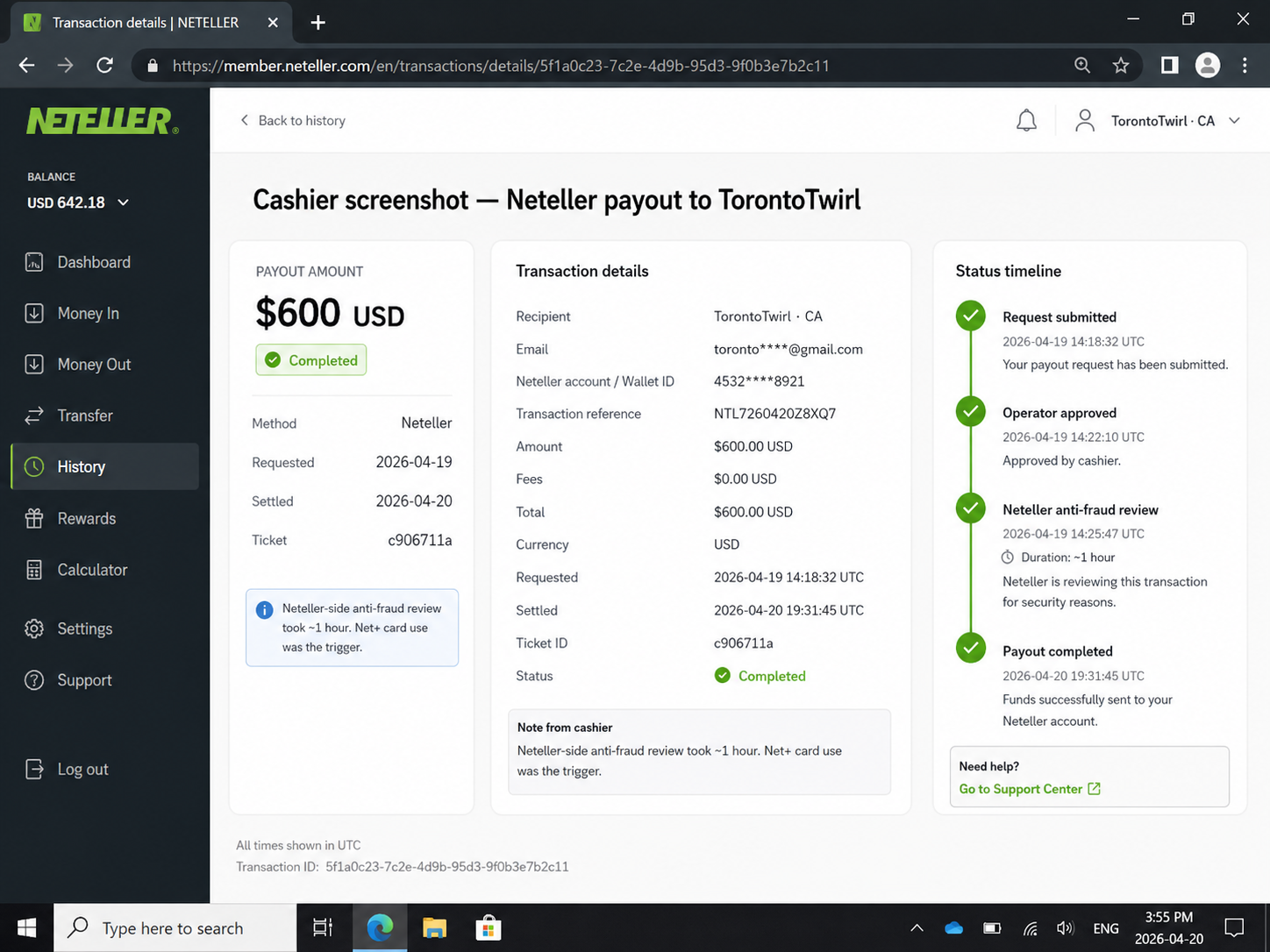 Cashier screenshot — Neteller payout to TorontoTwirl