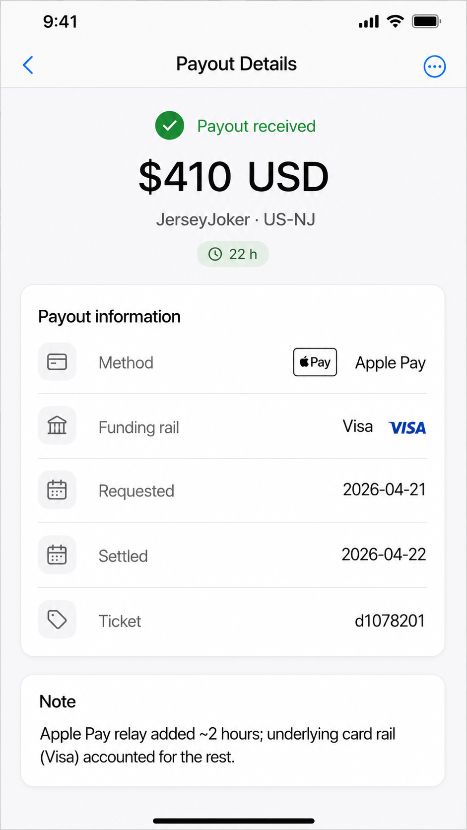Cashier screenshot — Apple Pay payout to JerseyJoker