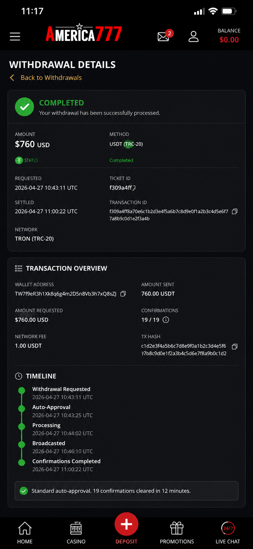 Cashier screenshot — USDT (TRC-20) payout to PortoPlayer